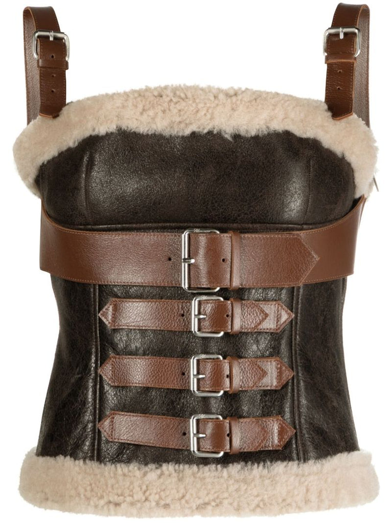 Brown Buckled Shearling-trim Leather Top