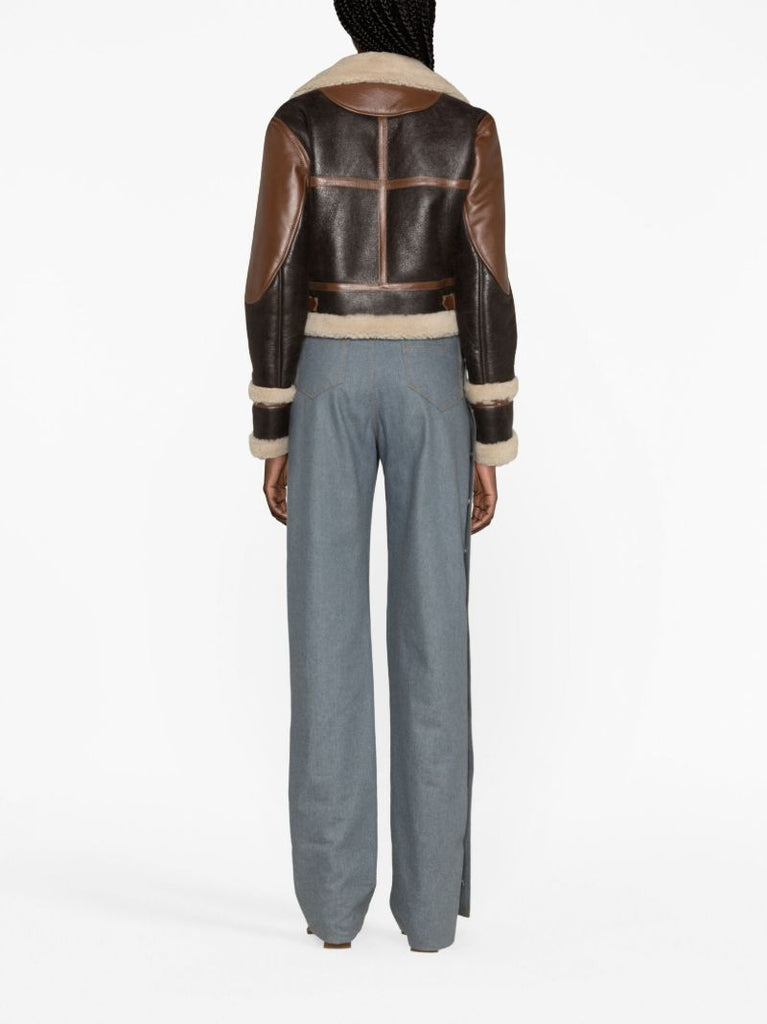 Brown Buckled Shearling Trim Leather Jacket