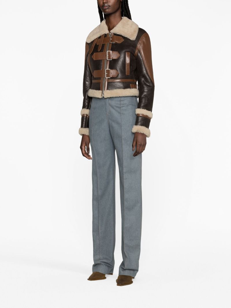 Brown Buckled Shearling Trim Leather Jacket