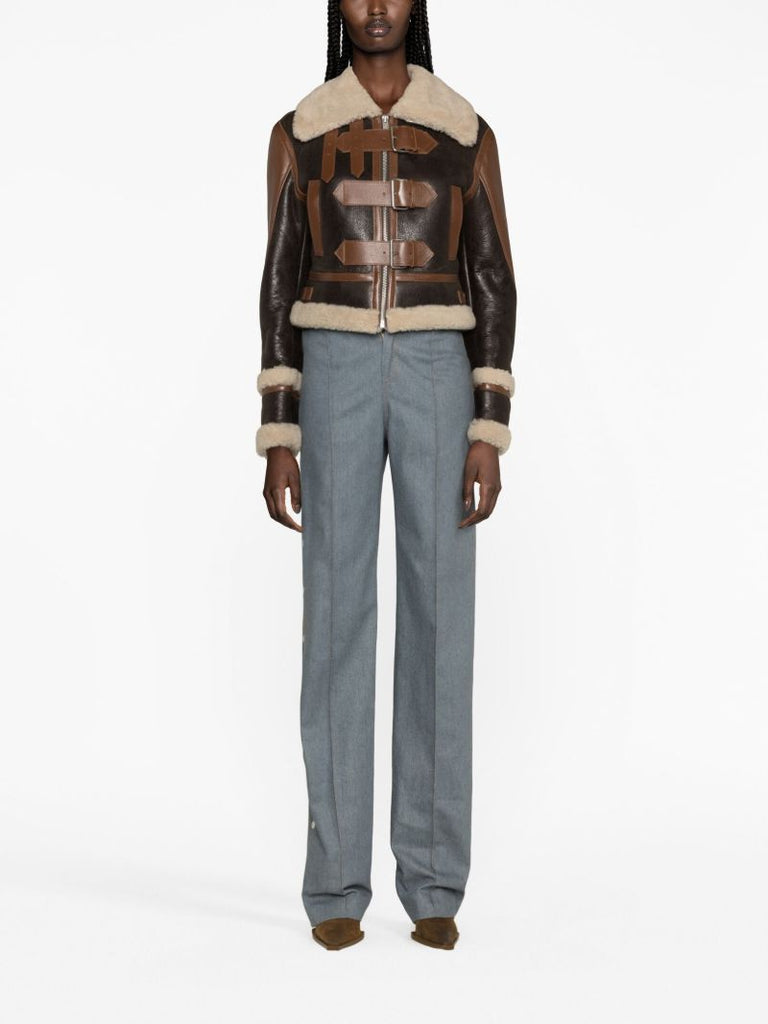 Brown Buckled Shearling Trim Leather Jacket