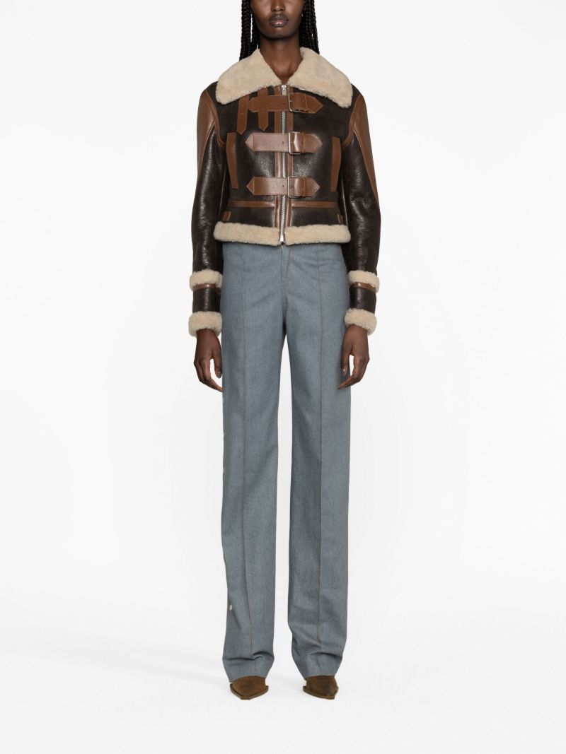Brown Buckled Shearling Trim Leather Jacket