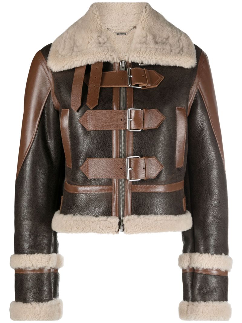 Brown Buckled Shearling Trim Leather Jacket