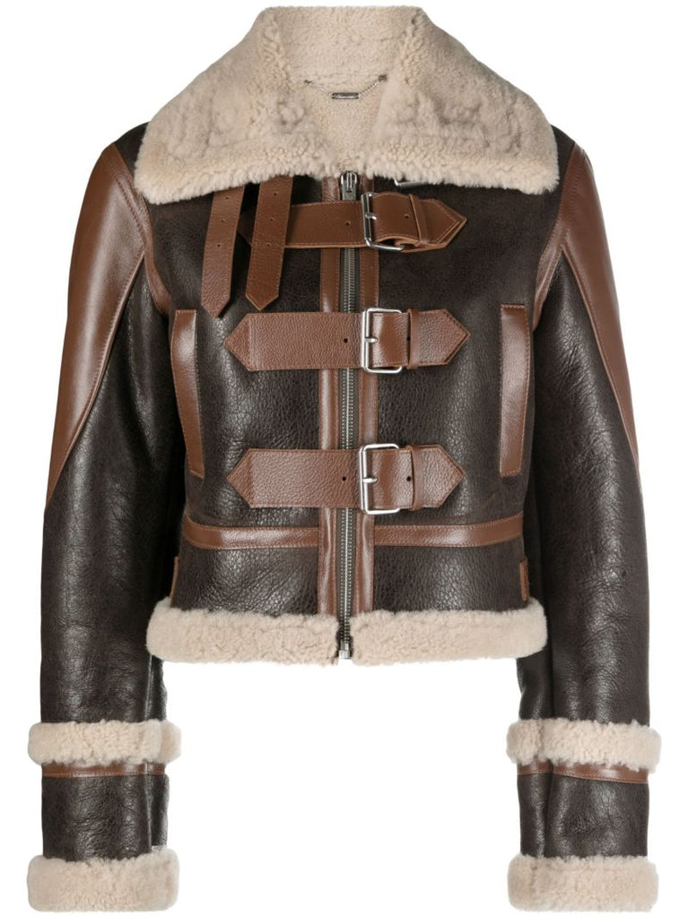Brown Buckled Shearling Trim Leather Jacket