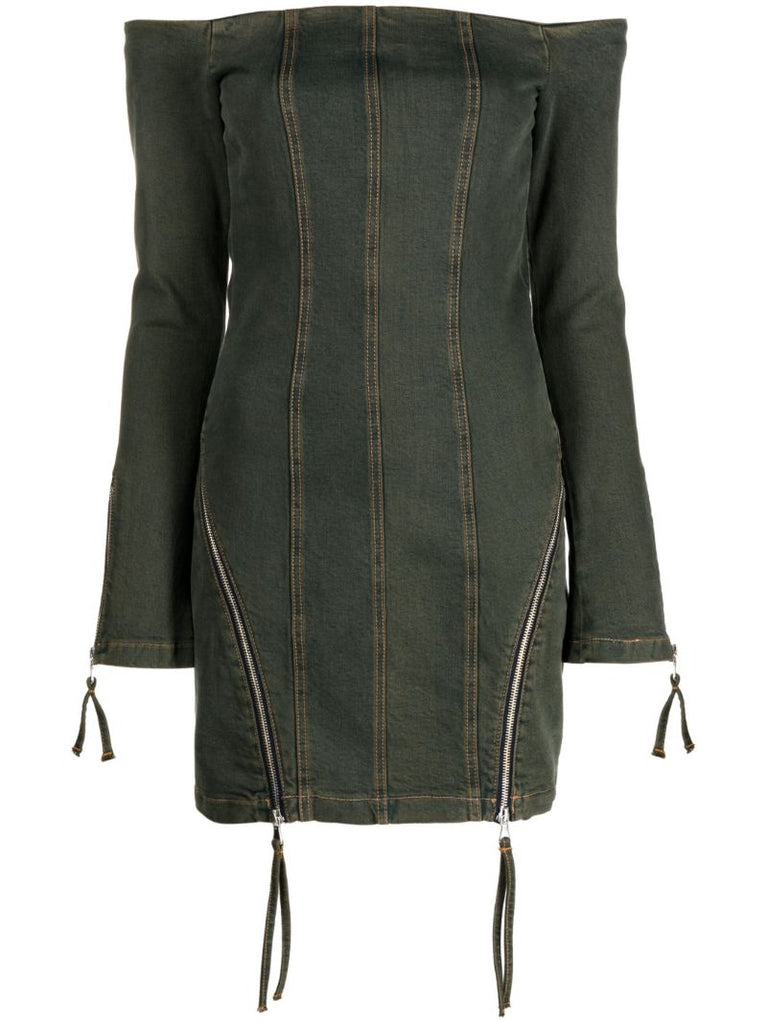 Green Off-the-shoulder Denim Mini Dress