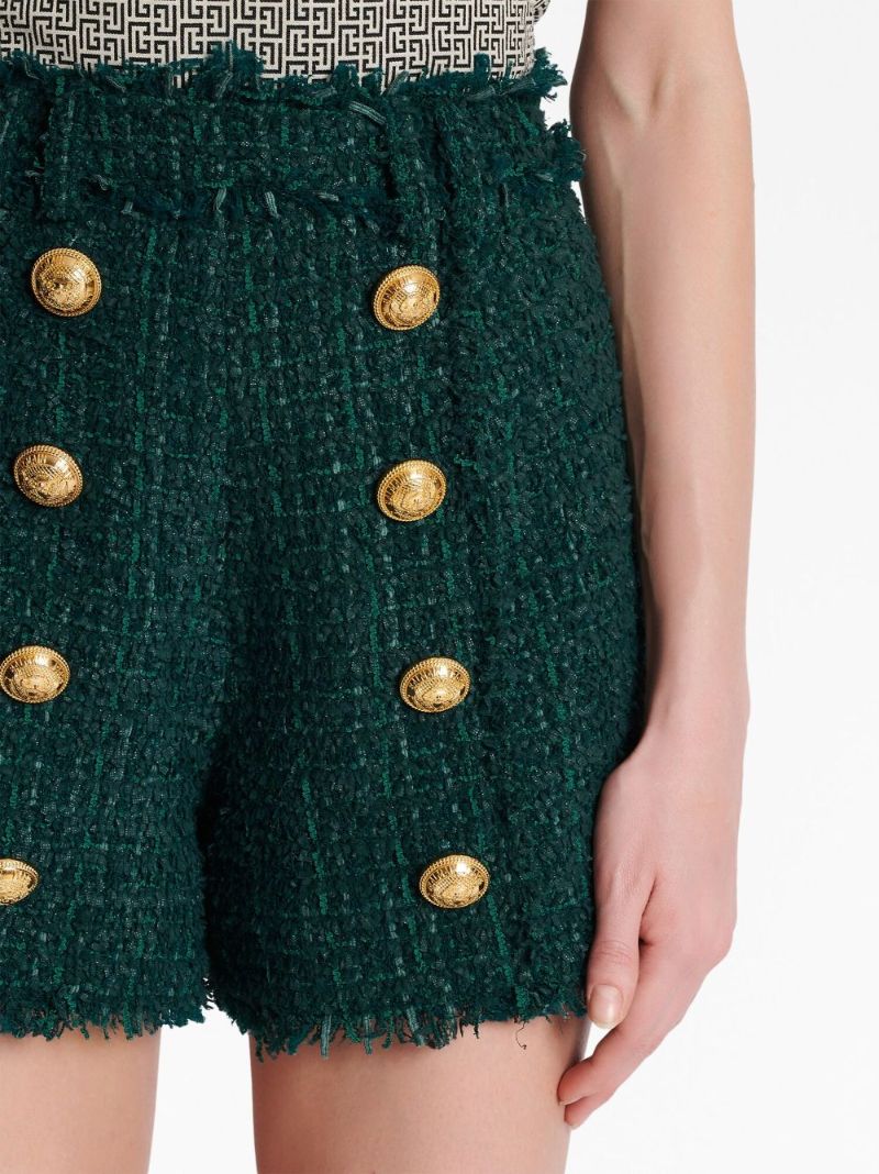 Green Tweed Button Detail Shorts