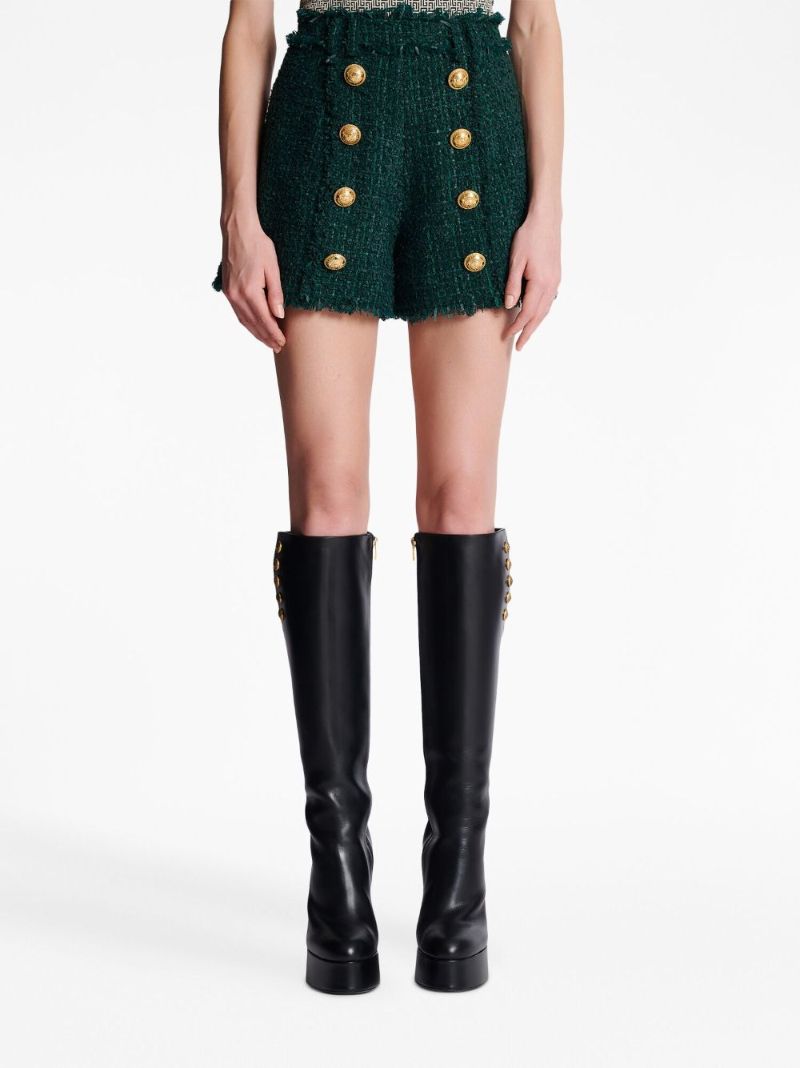 Green Tweed Button Detail Shorts