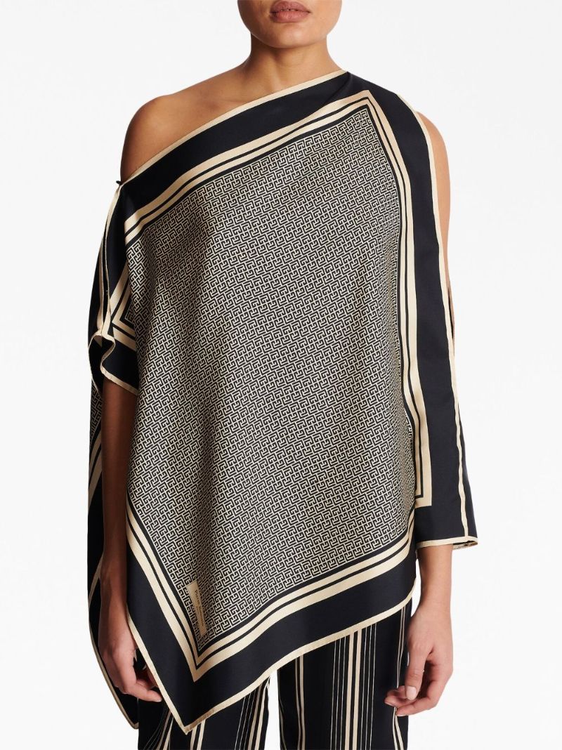 Black Asymmetric Monogram Silk Top
