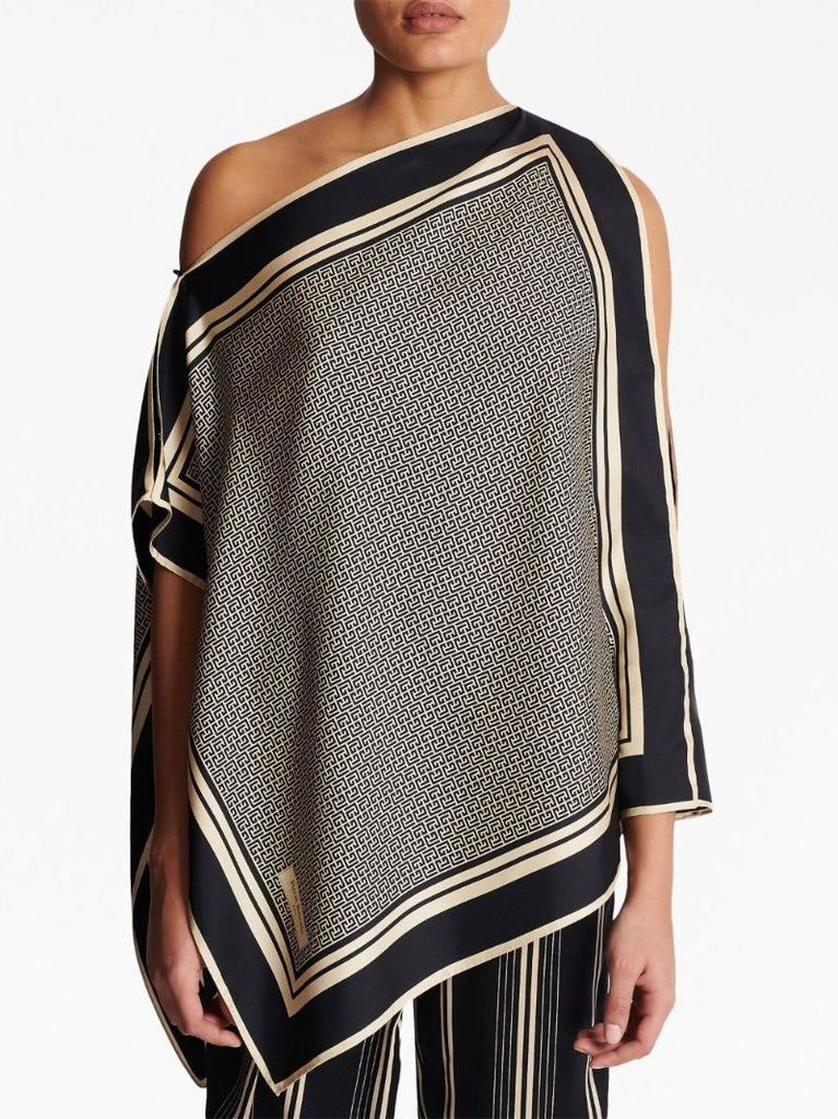 Black Asymmetric Monogram Silk Top