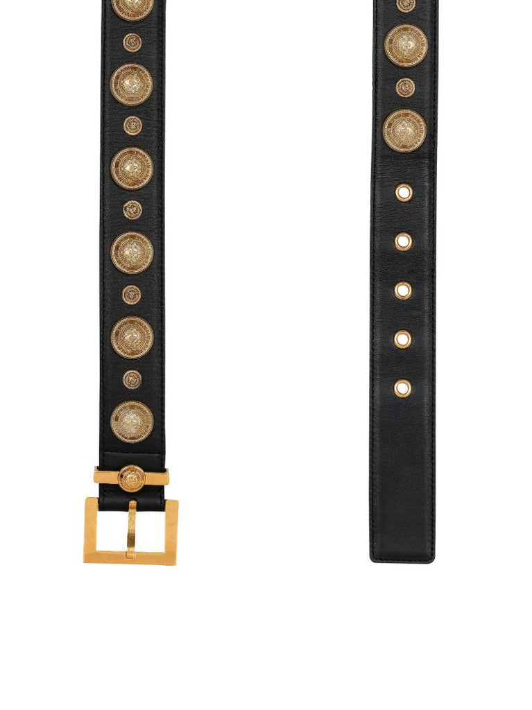 Black Coin Embellished Leather Belt