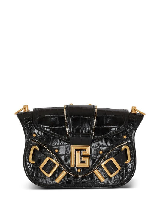 Black Blaze Mock Croc Leather Shoulder Bag