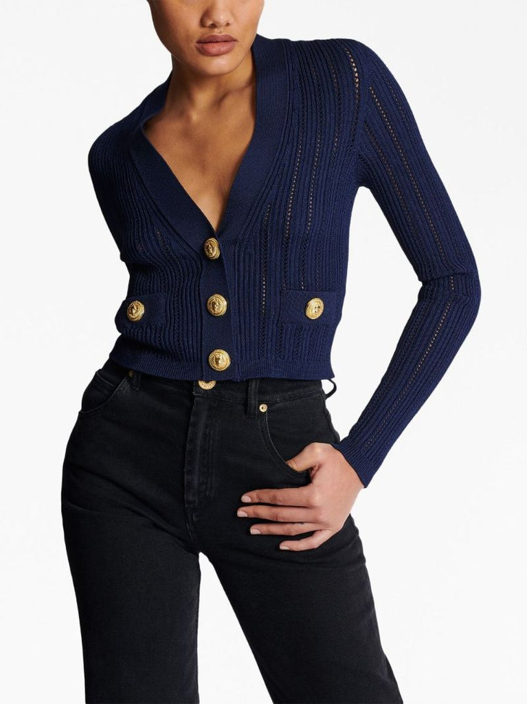 Blue V-neck Cropped Cardigan