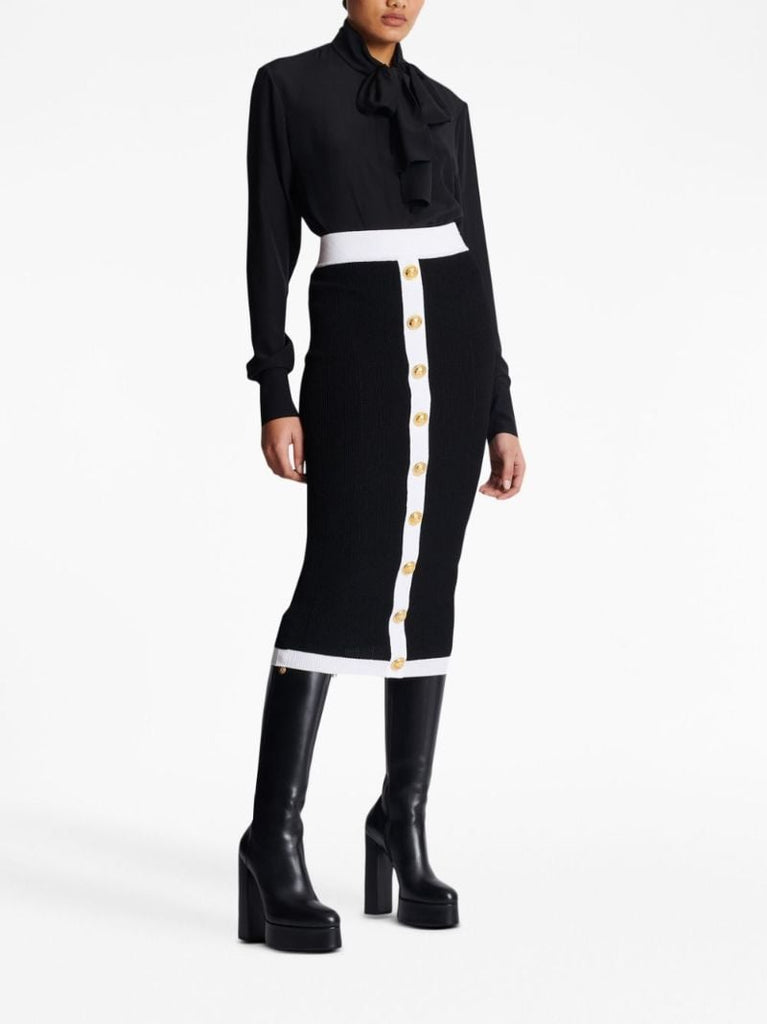 Black Contrast Trim Knit Midi Skirt