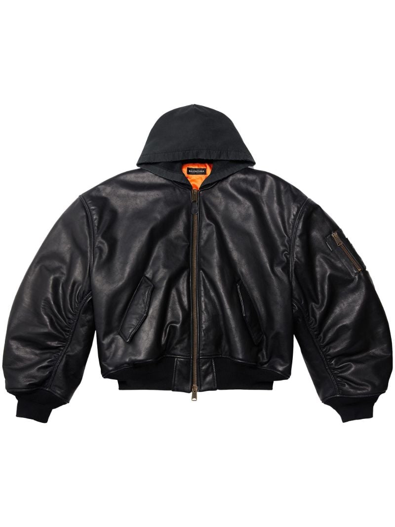 Black Hooded Leather Bomber Jacket