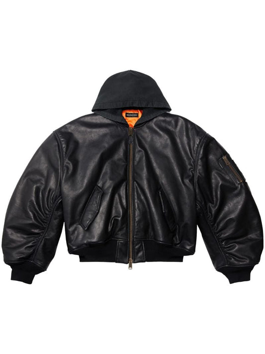 Black Hooded Leather Bomber Jacket