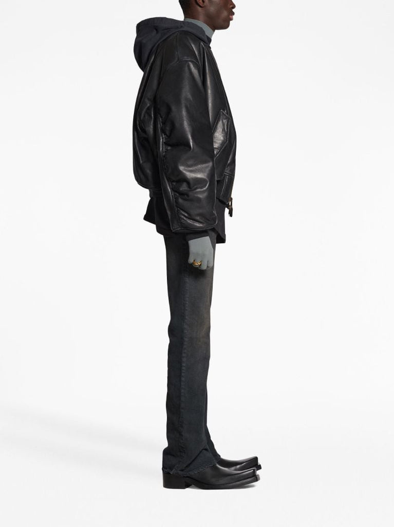 Black Hooded Leather Bomber Jacket