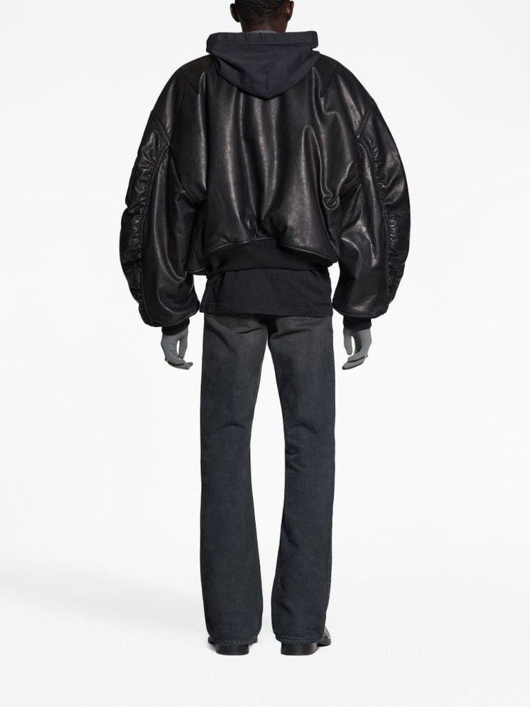 Black Hooded Leather Bomber Jacket