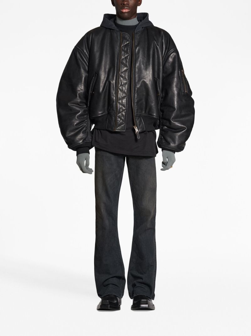 Black Hooded Leather Bomber Jacket