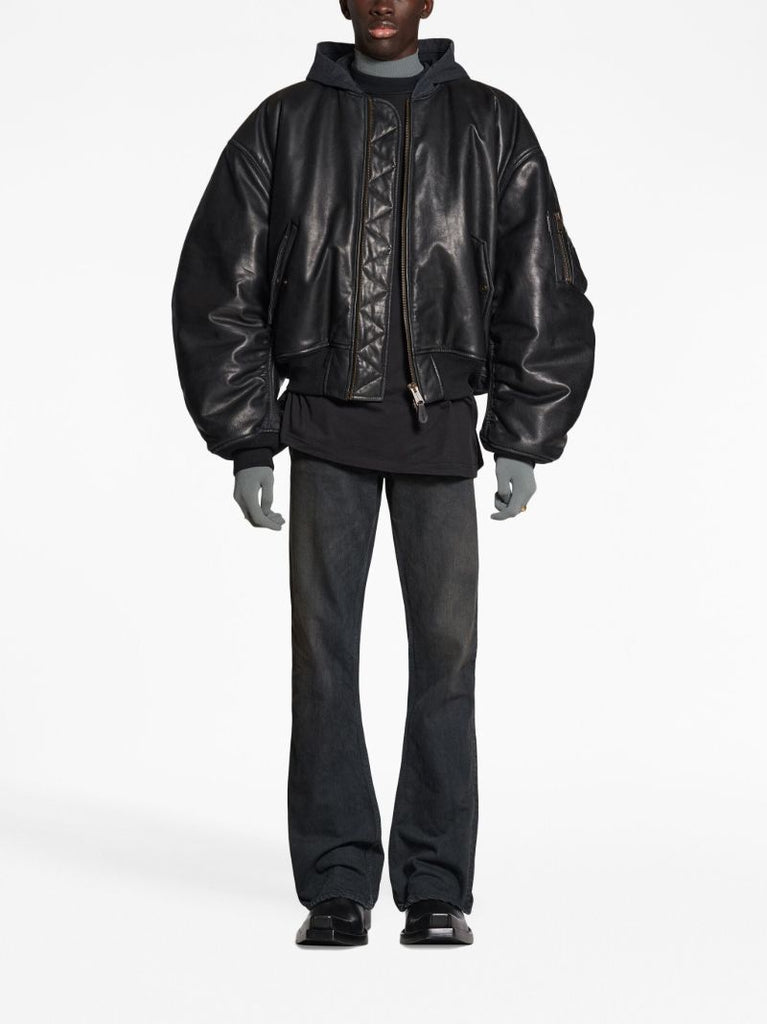 Black Hooded Leather Bomber Jacket
