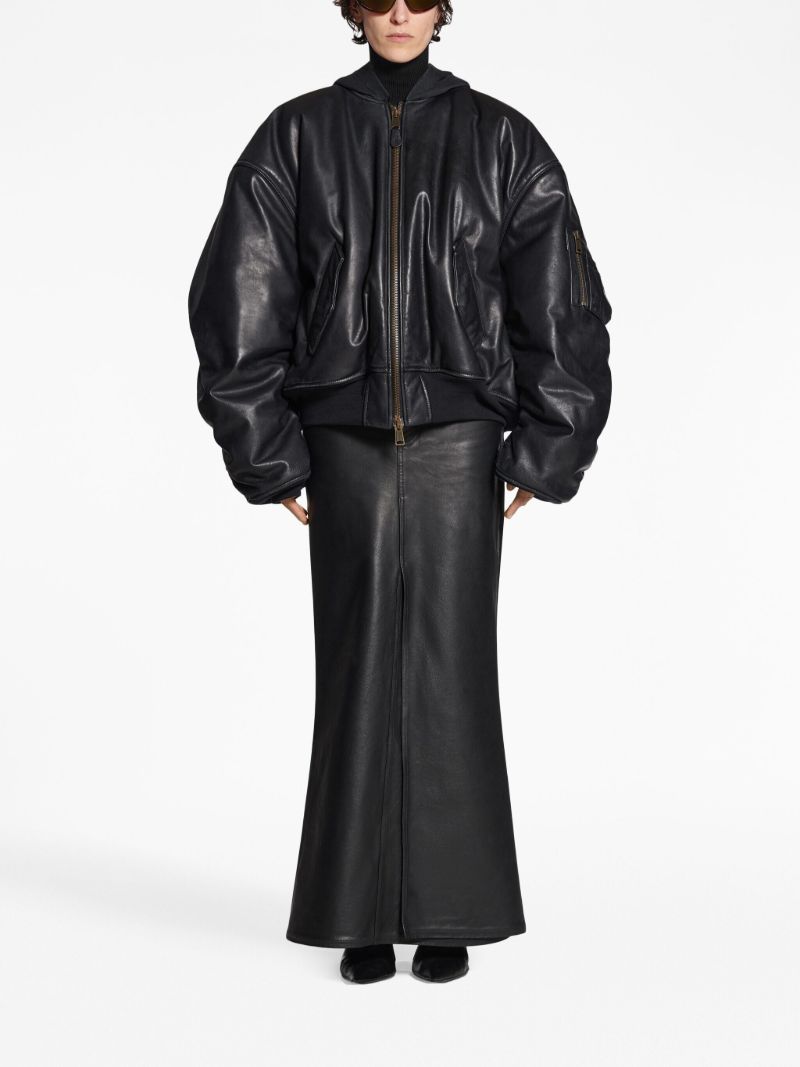 Black Hooded Leather Bomber Jacket