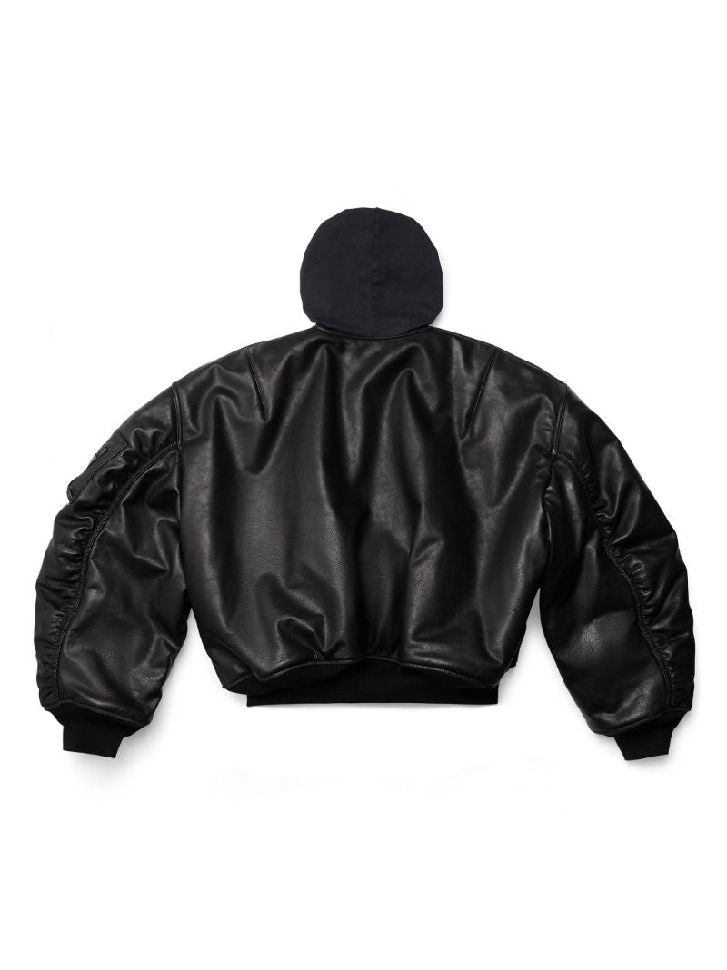 Black Hooded Leather Bomber Jacket