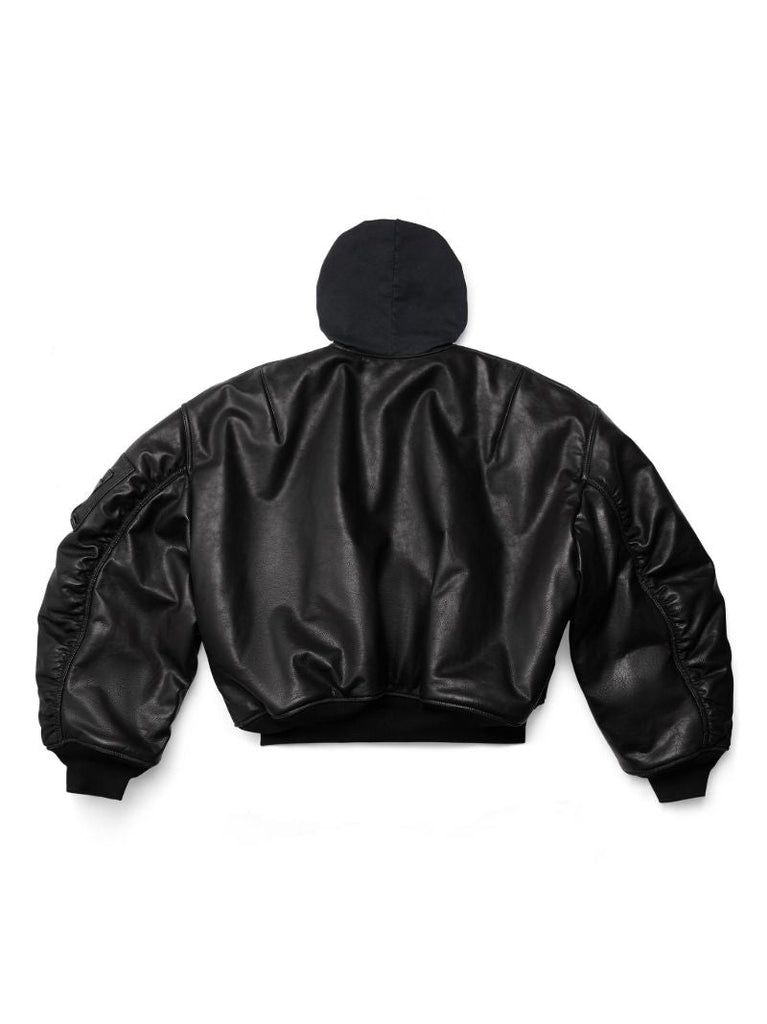 Black Hooded Leather Bomber Jacket