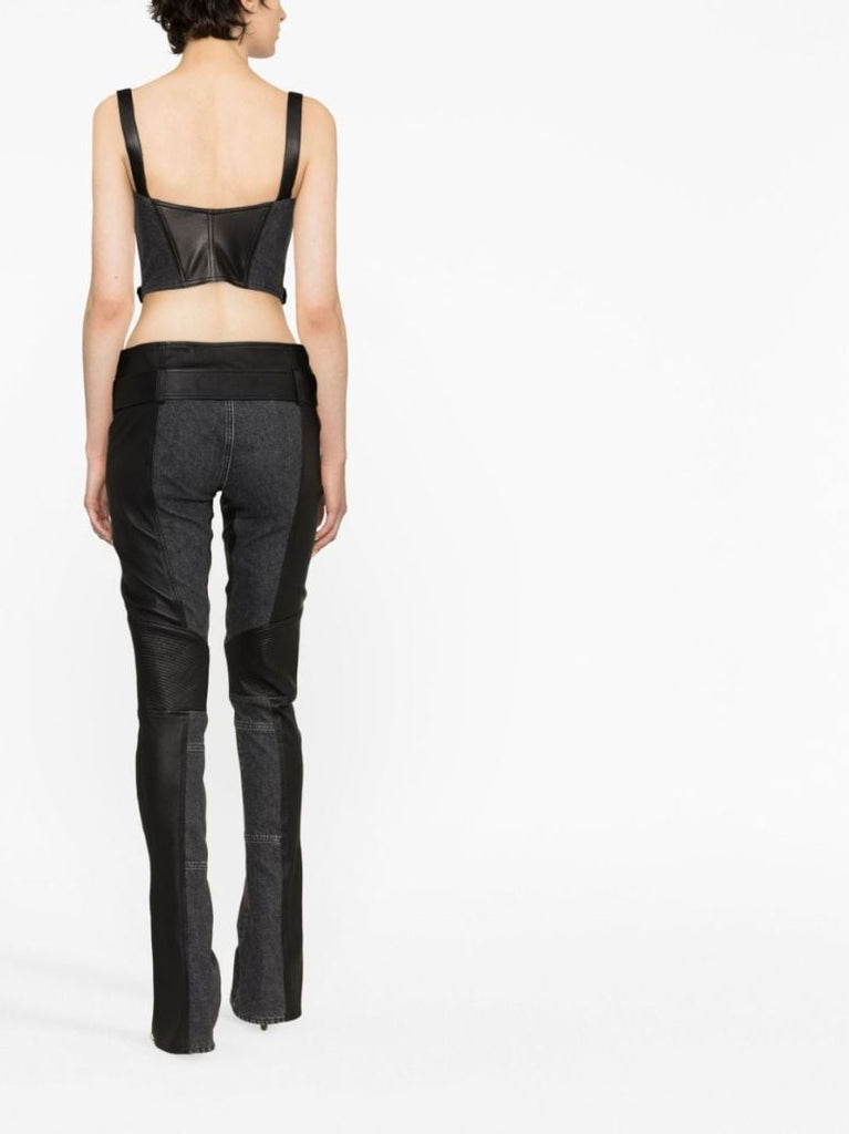 Black Leather-panelled Denim Bralette