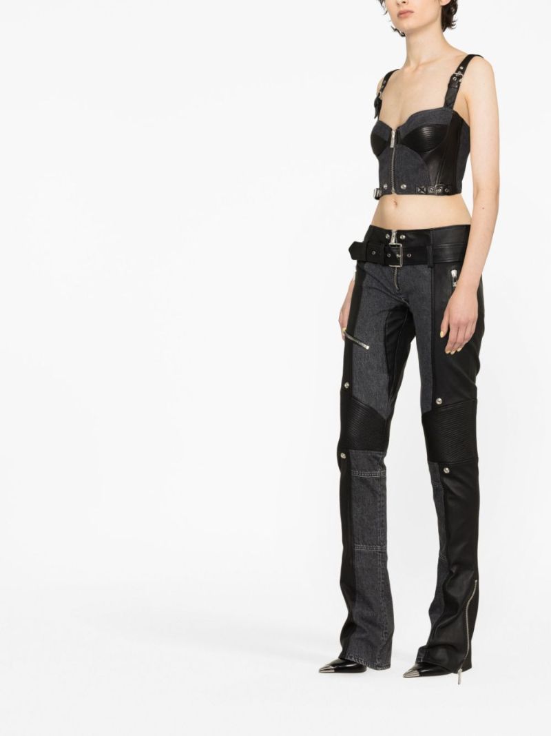 Black Leather-panelled Denim Bralette