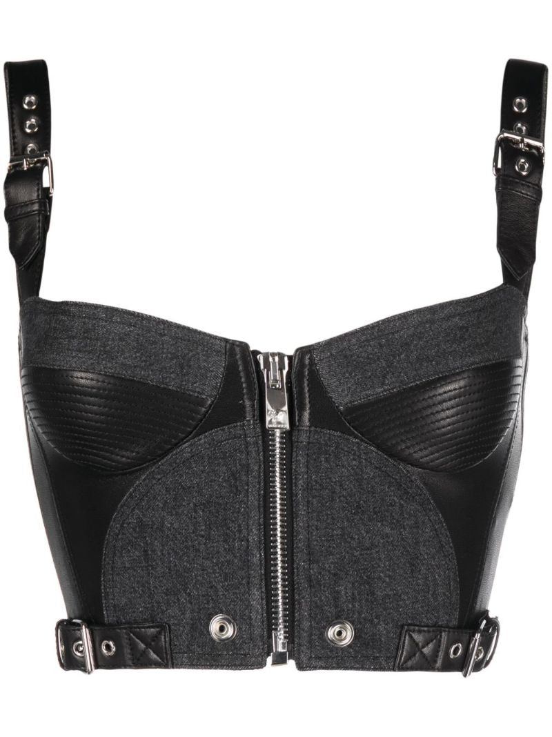 Black Leather-panelled Denim Bralette