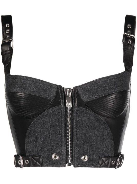 Black Leather-panelled Denim Bralette