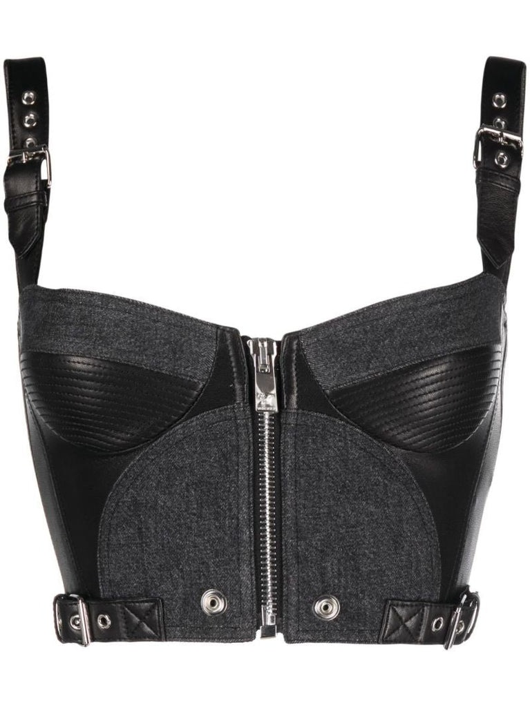 Black Leather-panelled Denim Bralette