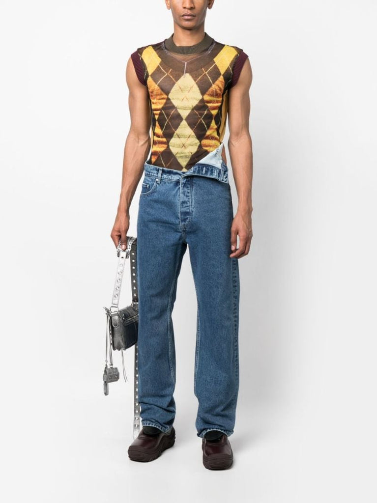 Blue Asymmetric Waist Straight-leg Jeans