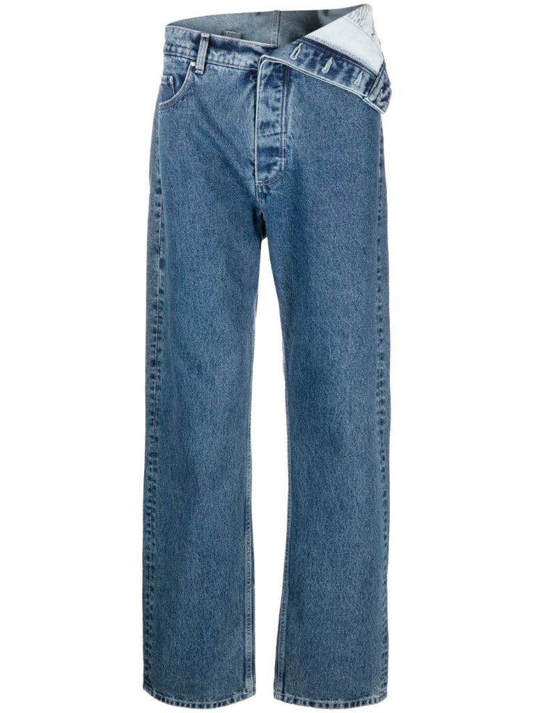 Blue Asymmetric Waist Straight-leg Jeans