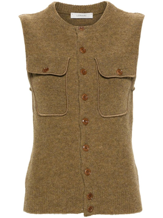 Brown Sleeveless Wool Cardigan