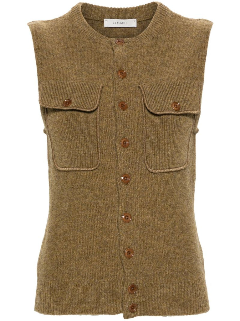 Brown Sleeveless Wool Cardigan