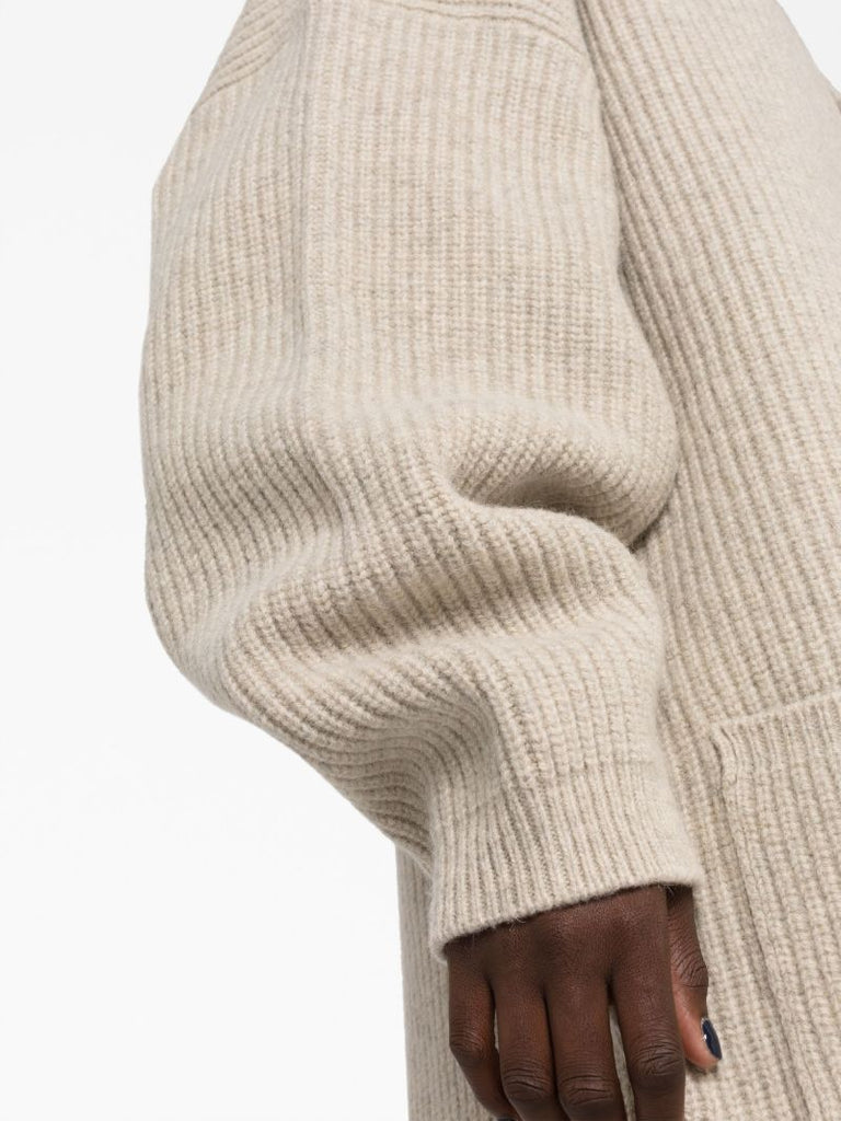 Neutral Ribbed-knit Wool Cardigan