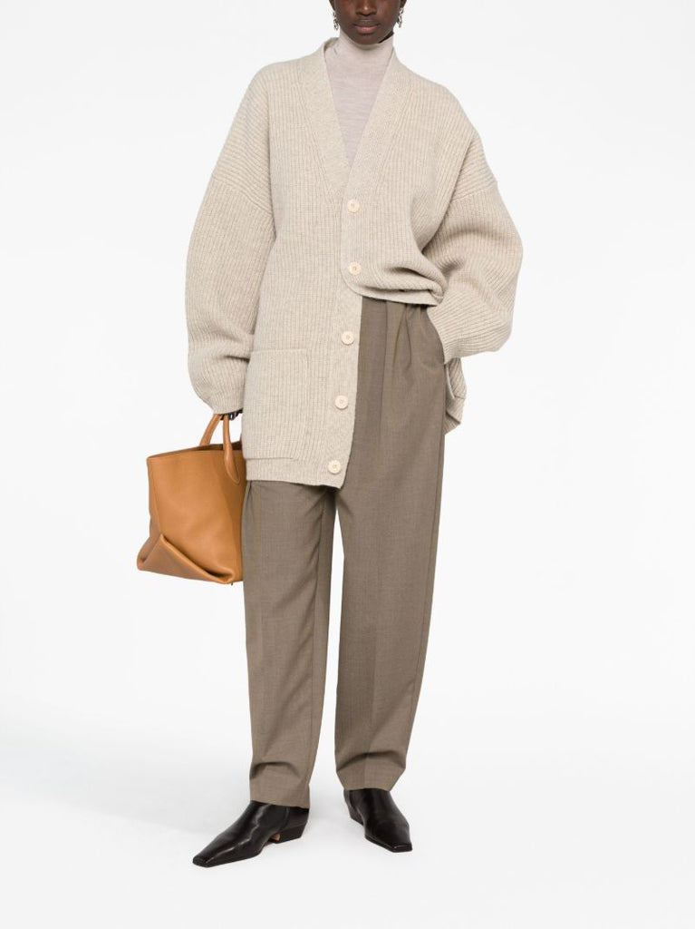 Neutral Ribbed-knit Wool Cardigan