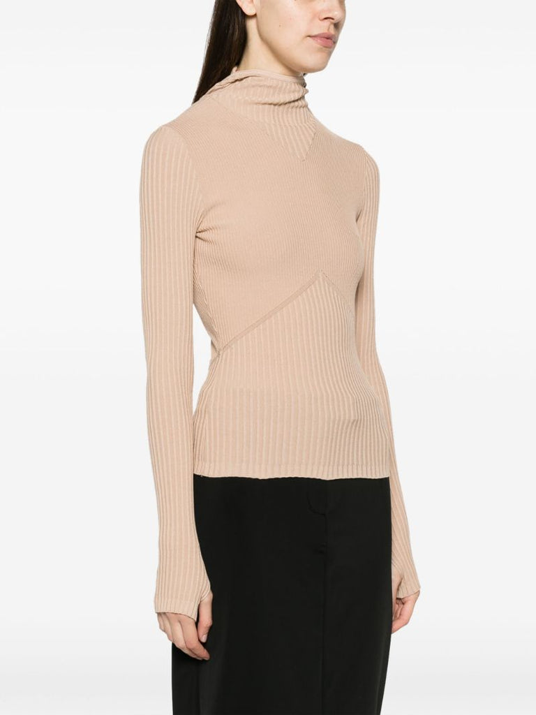 Neutral Hooded Ribbed Sweater