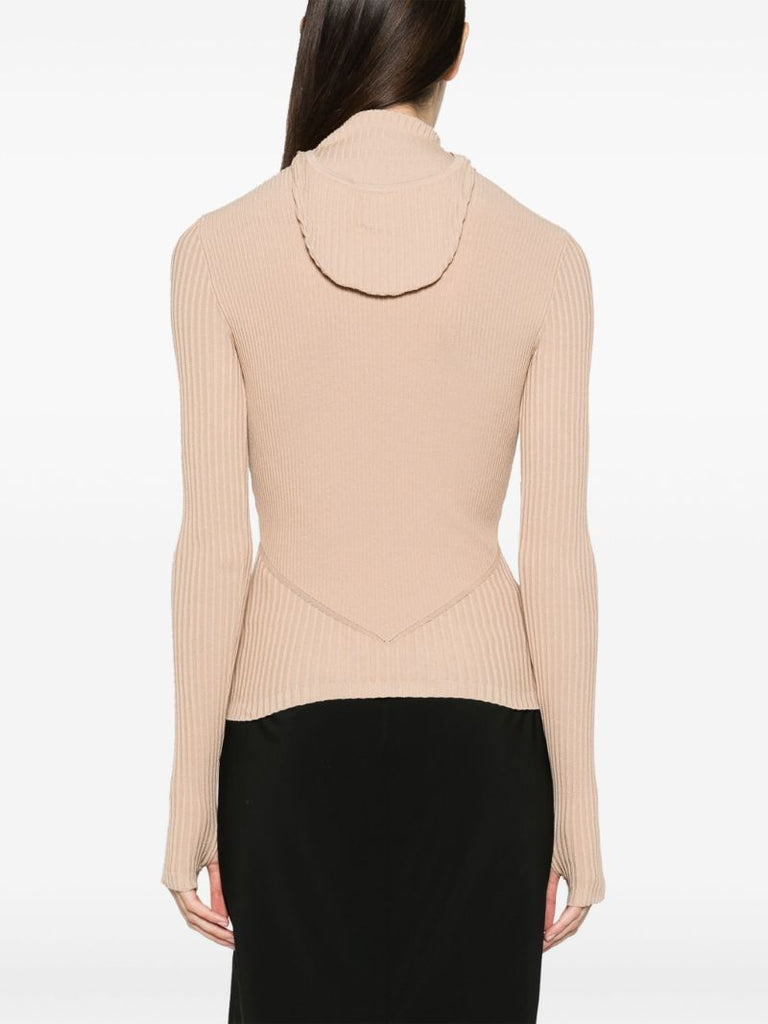 Neutral Hooded Ribbed Sweater
