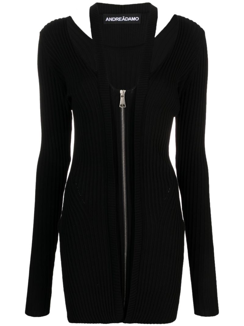 Black Zip-up Ribbed-knit Mini Dress