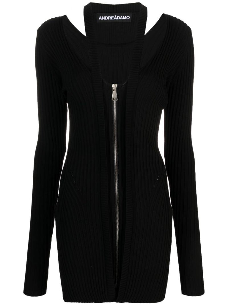 Black Zip-up Ribbed-knit Mini Dress