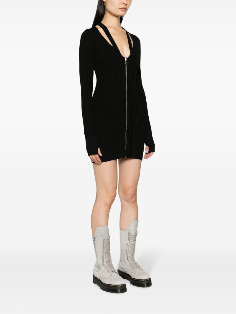 Black Zip-up Ribbed-knit Mini Dress