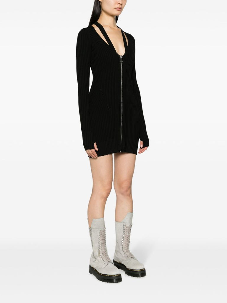 Black Zip-up Ribbed-knit Mini Dress