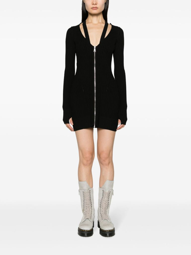 Black Zip-up Ribbed-knit Mini Dress