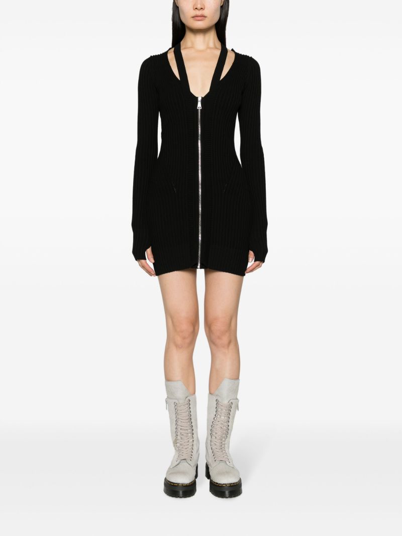 Black Zip-up Ribbed-knit Mini Dress