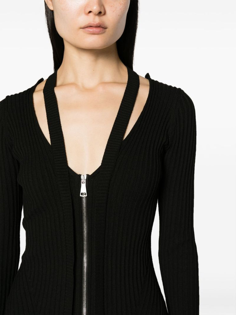 Black Zip-up Ribbed-knit Mini Dress