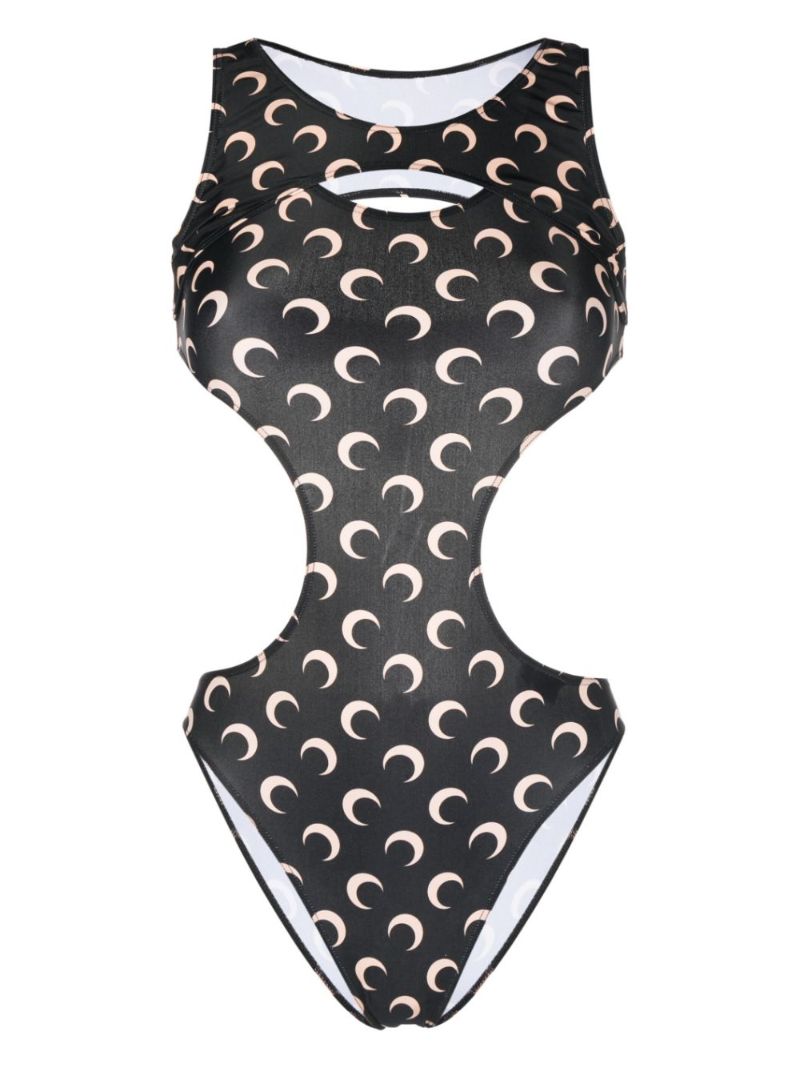 Black Crescent Moon Print Cut-out Swimsuit