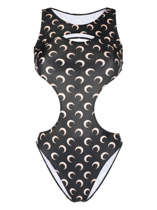 Black Crescent Moon Print Cut-out Swimsuit