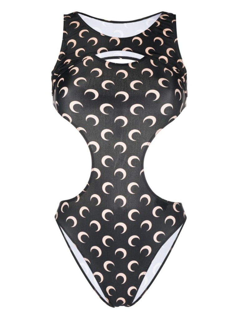 Black Crescent Moon Print Cut-out Swimsuit