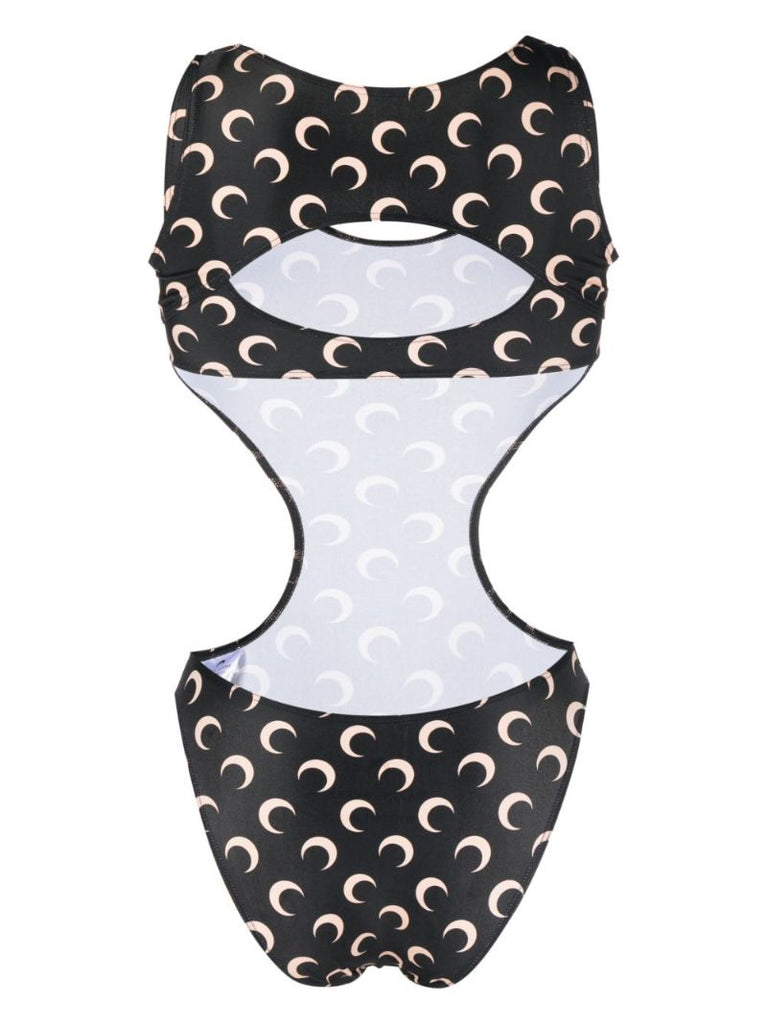 Black Crescent Moon Print Cut-out Swimsuit