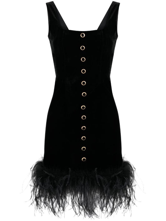 Black Feather Trim Velvet Mini Dress